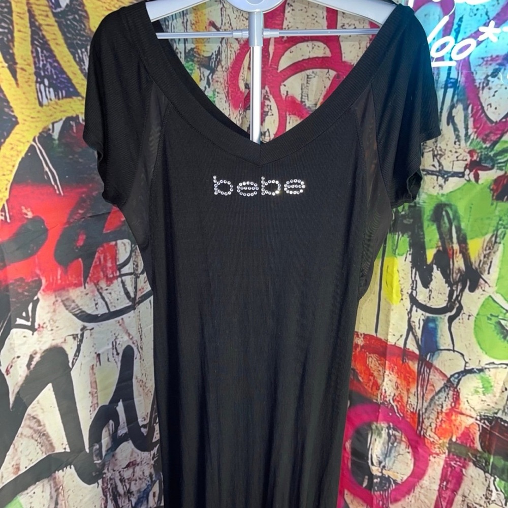 bebe Black Short Sleeve Maxi Dress with Rhinestone Logo • Sz.18/20 - Picture 4 of 12